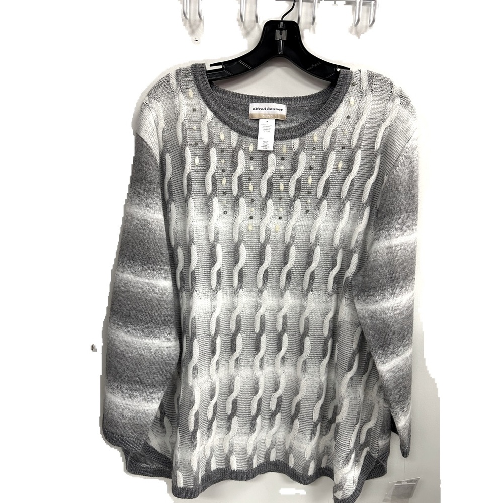 NWOT ALFRED DUNNER LIGHT DARK GRAY VINTAGE 1990s CROCHET CABLE KNITTED BEADED 1x